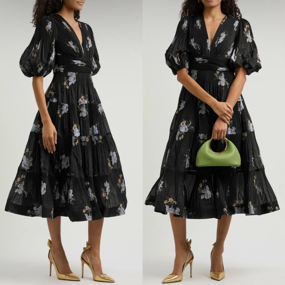 AU1 Zimmermann Pleated Black Iris Floral V Neck Midi Dress